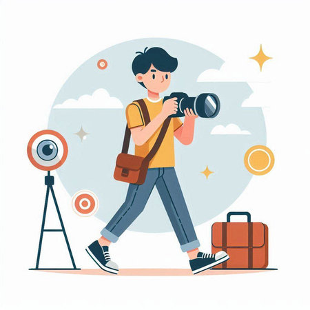 Photographer with camera and bag. Vector illustration in flat style.のイラスト素材