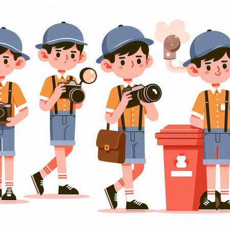 Illustration of a boy taking a photo with a camera and binocularsのイラスト素材