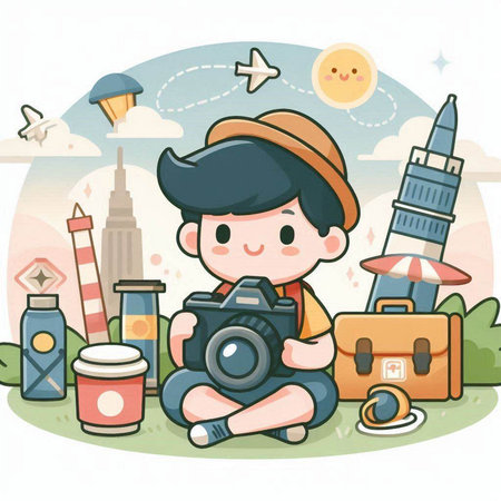Illustration of a Kid Boy Sitting on the Ground with a Camera and Accessoriesのイラスト素材