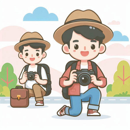 Illustration of a man and a boy taking photos in the parkのイラスト素材