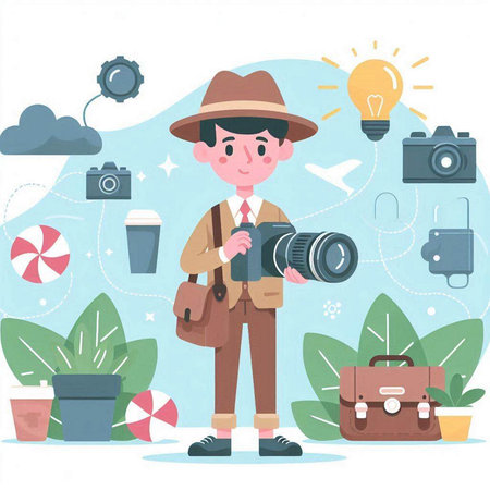 Photographer with camera and camera equipment. Vector illustration in flat styleのイラスト素材