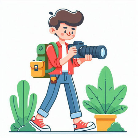 Tourist man with backpack and camera. Vector illustration in cartoon styleのイラスト素材