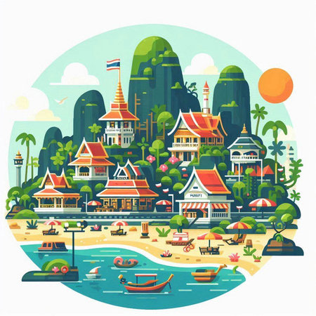 Thailand travel vector illustration in flat style. Landscape with tropical islands, palm trees, boats, bungalows and hotels.のイラスト素材