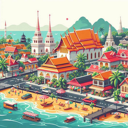 Thai temple on the beach. Vector illustration in retro style.のイラスト素材