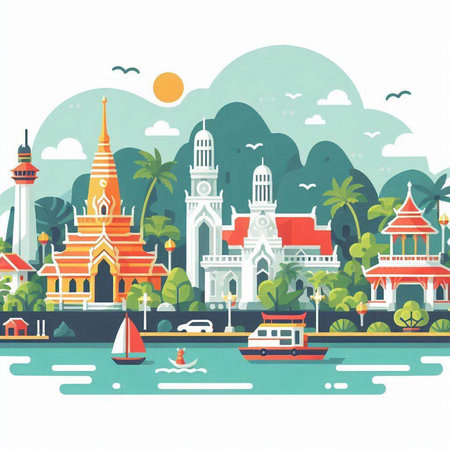 Thailand travel background. Vector illustration in flat style with place for text.のイラスト素材