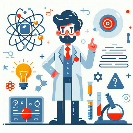 Scientist flat vector illustration. Man scientist in lab coat with atom, flask, test tube, flask, molecule and chemical formula.のイラスト素材