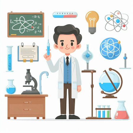 Scientist man cartoon character with science equipment and laboratory equipment vector illustrationのイラスト素材