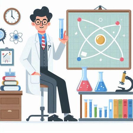Vector illustration of a male scientist sitting at the desk in chemistry class.のイラスト素材