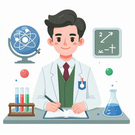 Scientist in lab coat writing in notebook. Vector illustration in flat styleのイラスト素材