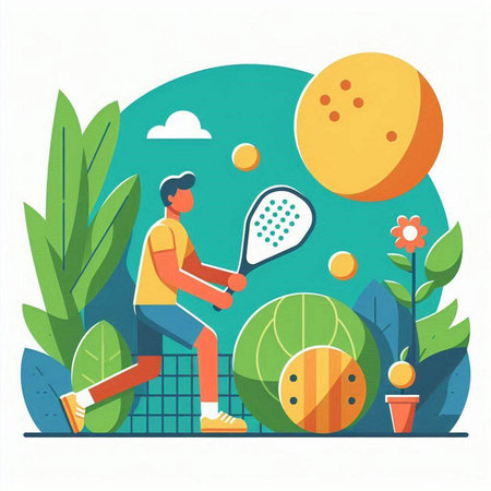 Tennis player playing tennis in the park. Flat vector illustration.のイラスト素材