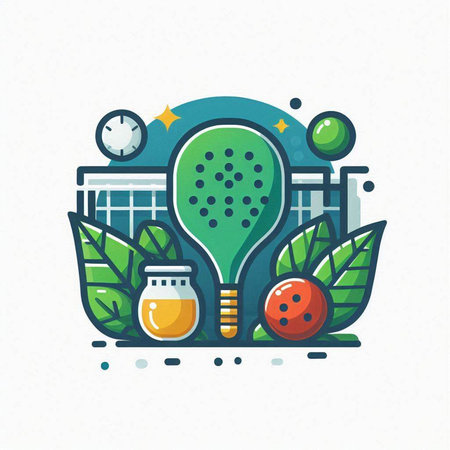 Vector illustration of a flat line design of a tennis ball, racket, ball, ball, net, ball, ice cream on a green background.のイラスト素材