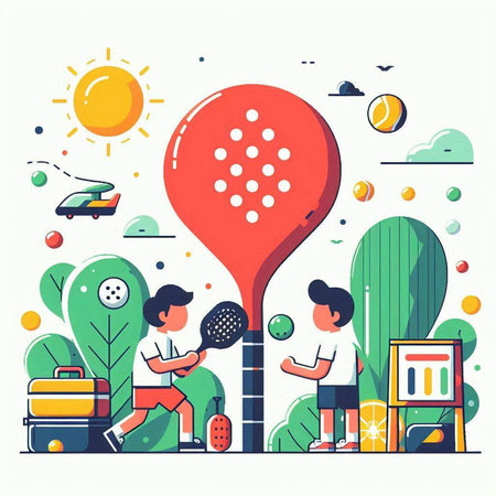 Vector illustration of children playing tennis in the park. Flat style design.のイラスト素材