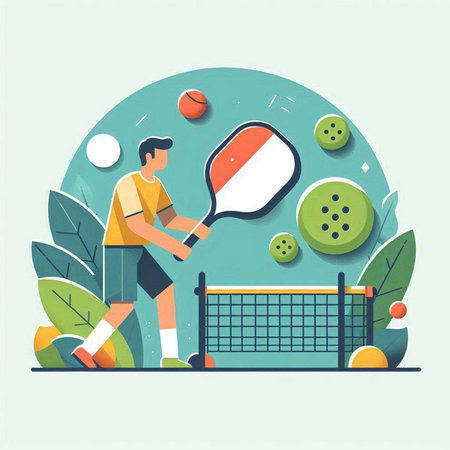 Tennis player with racket and ball. Flat design vector illustration.のイラスト素材