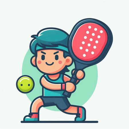 Cartoon boy playing tennis with racket and ball. Flat style vector illustration.のイラスト素材