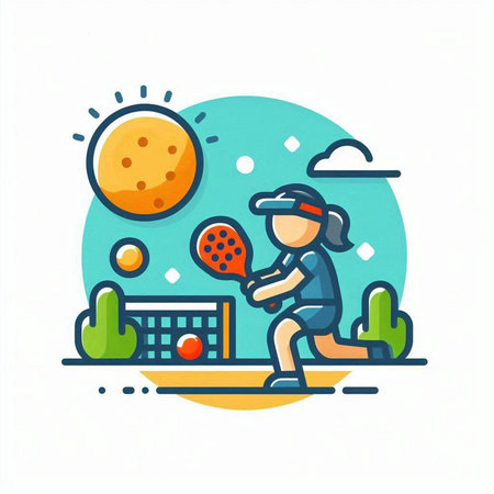 Cute vector illustration of a boy playing tennis on a sunny dayのイラスト素材