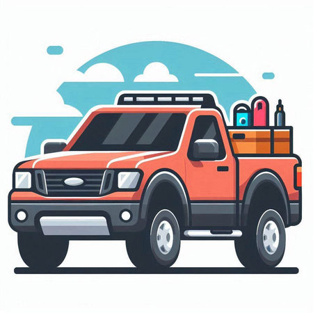 Truck with luggage on the roof. Flat design vector illustration.のイラスト素材