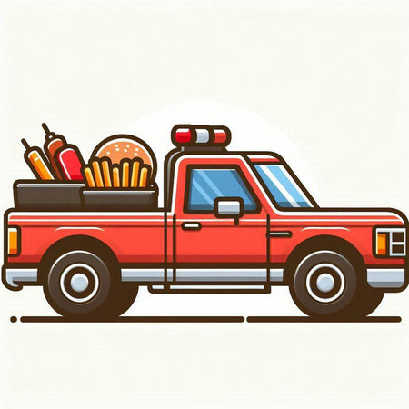 Vector illustration of a pickup truck with hot dogs and french fries.のイラスト素材