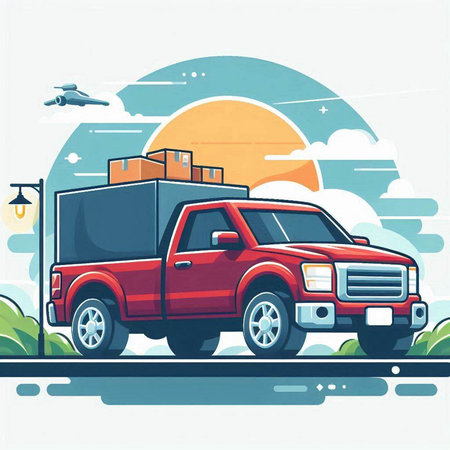Vector illustration of a red pickup truck with boxes on the road against the backdrop of the setting sun.のイラスト素材