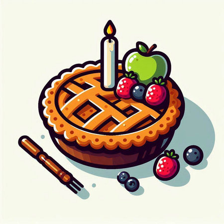 Homemade pie with fresh berries and a candle. Vector illustration.のイラスト素材