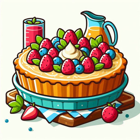 Strawberry pie with whipped cream. Vector illustration of a cake with berries.のイラスト素材