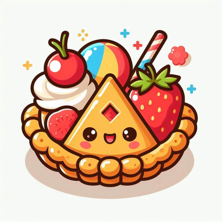 Cute cartoon fruit pie with strawberry, cherry and ice cream. Vector illustration.のイラスト素材