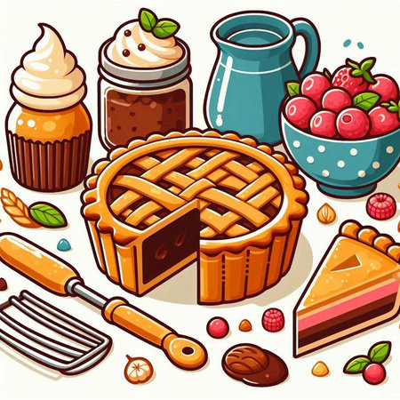 vector illustration of a pie, cupcake, cake, meringue and other dessertsのイラスト素材