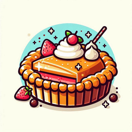 Illustration of a piece of cake with whipped cream and strawberries.のイラスト素材