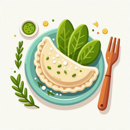 Pancakes with spinach and spices in a plate. Vector illustration.のイラスト素材