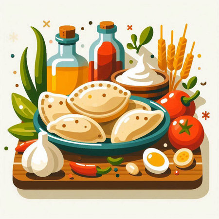 Vector illustration of fried khachapuri with tomatoes, eggs, garlic, olive oil and sour cream on wooden backgroundのイラスト素材