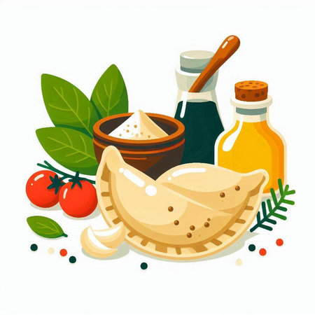Bowl of vegetable oil and ingredients for cooking. Vector illustration.のイラスト素材