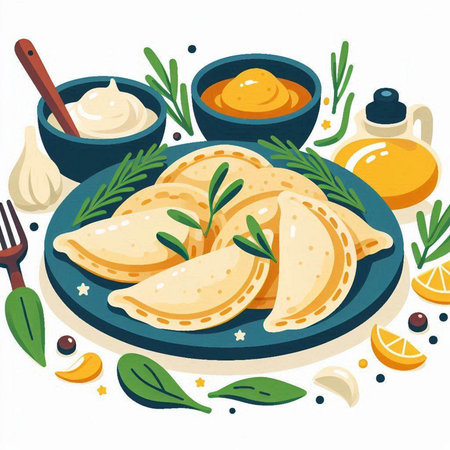 Pancakes with sour cream, lemon and herbs. Vector illustration.のイラスト素材