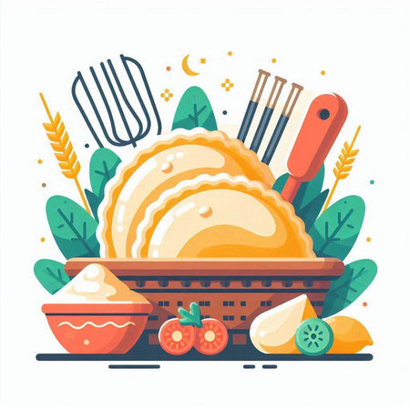 Vector illustration of a basket with food and kitchen utensils.のイラスト素材