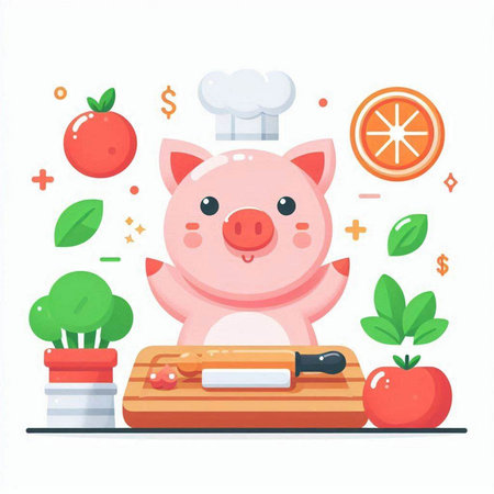 Cute pig chef with a knife on the cutting board. Vector illustrationのイラスト素材