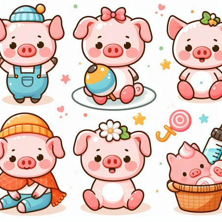 Illustration of Cute Pig Cartoon Characters with Various Emotions.のイラスト素材