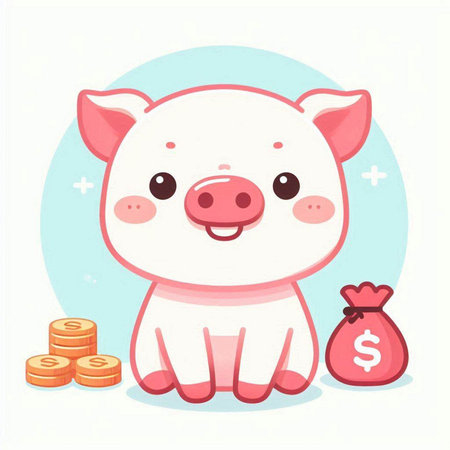Cute pig with money. Vector illustration in cartoon style on white background.のイラスト素材