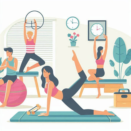 People doing yoga exercise at home. Vector illustration in flat style.のイラスト素材