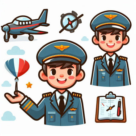 Pilot and airplane icons set. Cartoon vector illustration isolated on white background.のイラスト素材