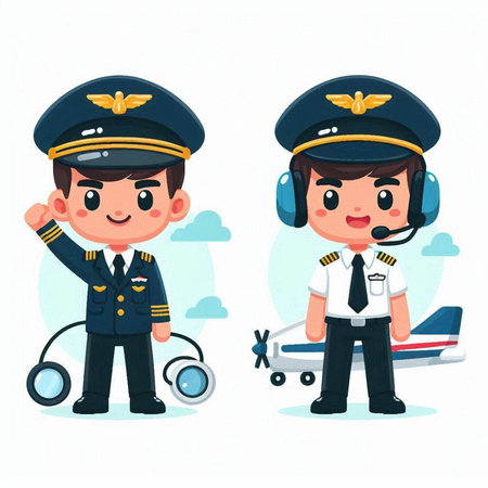 Pilot boy and girl with airplane and pilot helmet. Vector illustrationのイラスト素材