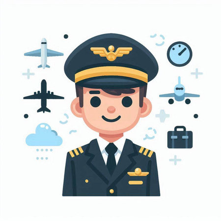 Pilot vector illustration. Cartoon pilot in uniform with airplane and travel icons.のイラスト素材