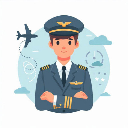 Airplane pilot in uniform. Vector illustration in flat cartoon style.のイラスト素材
