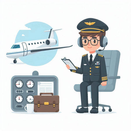 Pilot in uniform with airplane and briefcase. Vector illustration.のイラスト素材