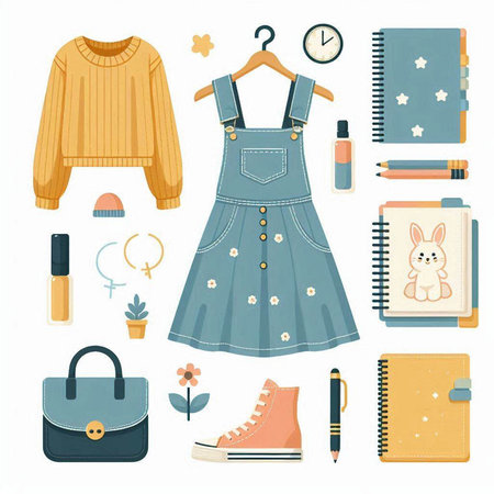 Set of fashion clothes and accessories. Vector illustration in flat style.のイラスト素材