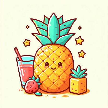 Cute cartoon pineapple character with smoothie and fruits. Vector illustrationのイラスト素材