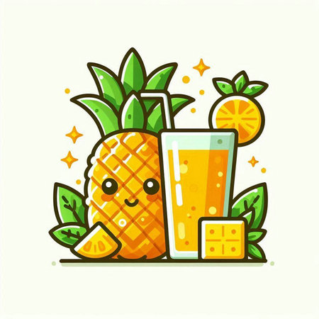 Pineapple juice with slices of orange and leaves. Vector illustration.のイラスト素材
