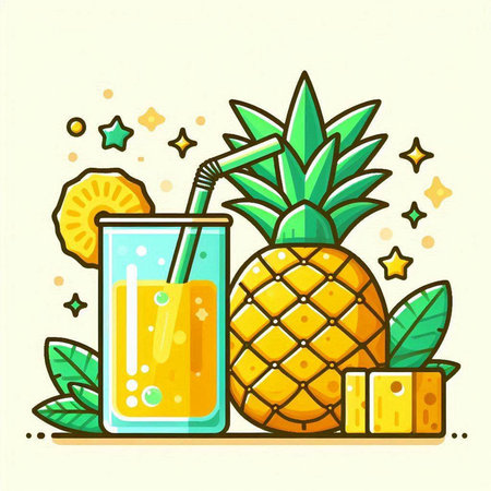 Pineapple juice in a glass with a straw and a slice of pineapple. Vector illustration.のイラスト素材
