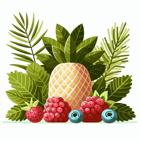 Pineapple with berries and leaves isolated on white background. Vector illustration.のイラスト素材