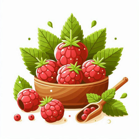 Raspberries in wooden bowl with green leaves. Vector illustration.のイラスト素材