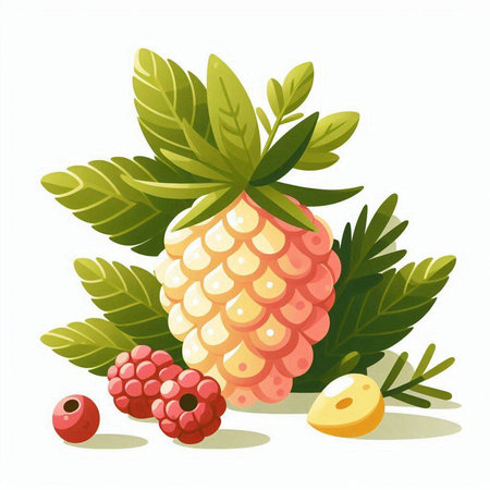 Pineapple and raspberries with leaves. Vector illustration.のイラスト素材