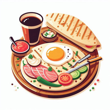 Illustration of a breakfast with fried egg, bacon, tomato, cucumber, onion, soy sauce and breadのイラスト素材