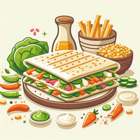Illustration of a sandwich with hummus, chickpeas and vegetablesのイラスト素材